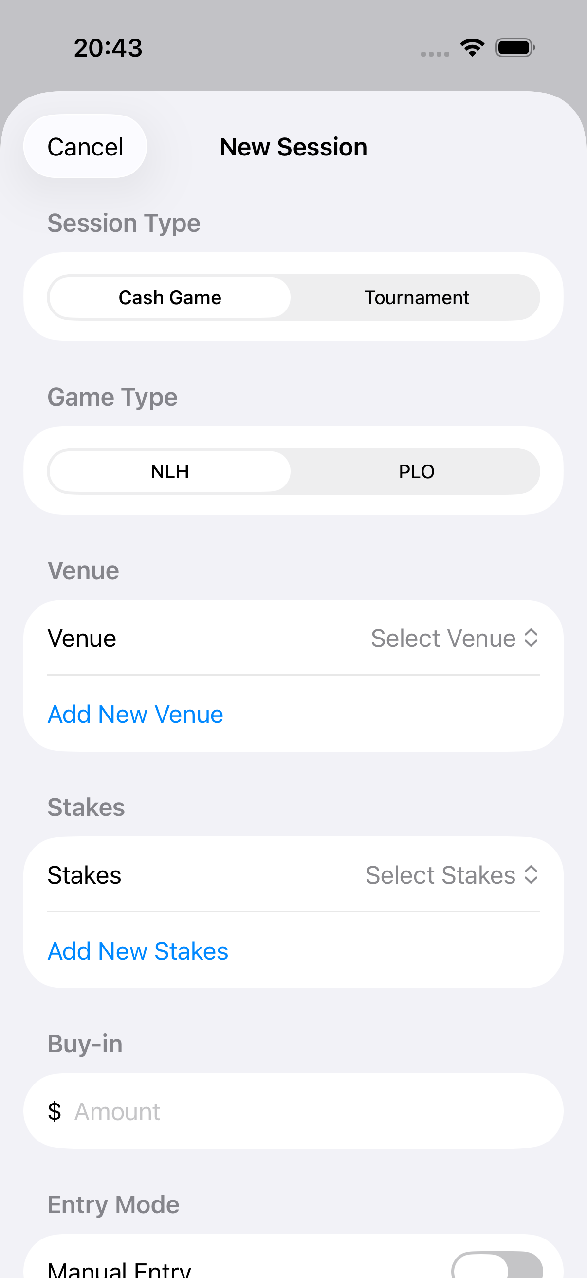 Starting a new live poker session