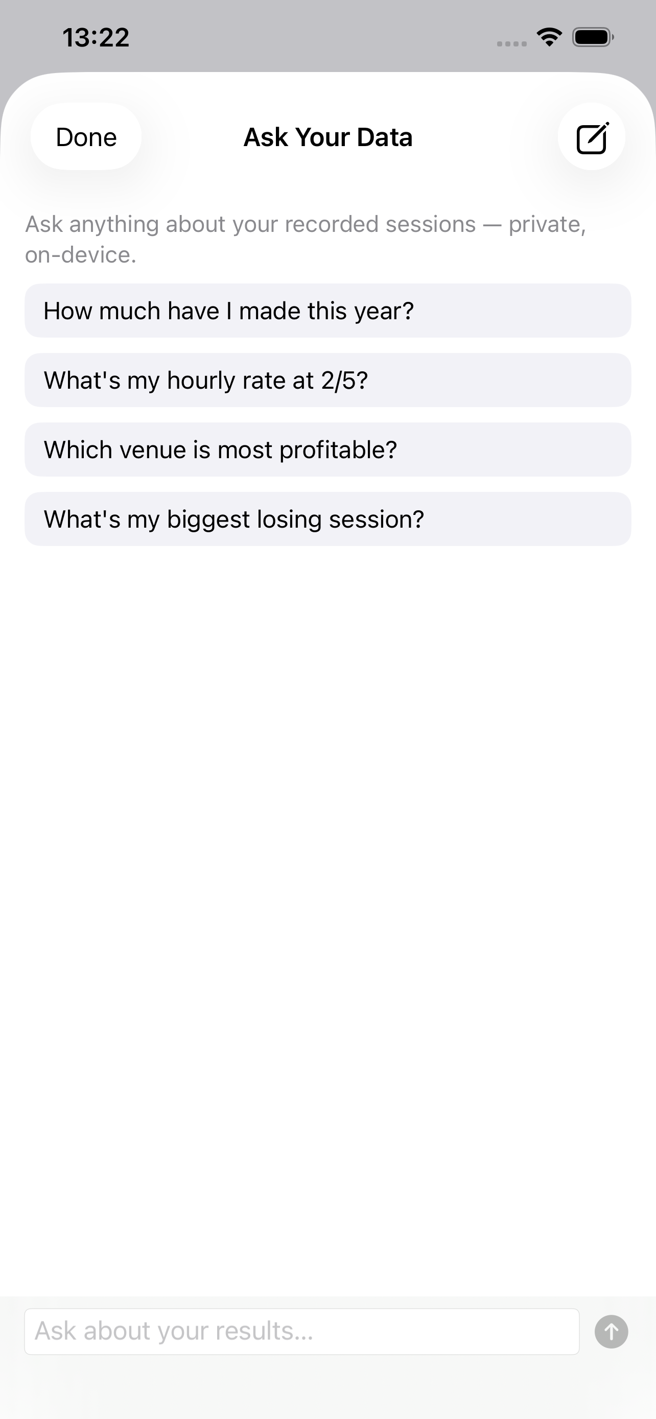 Ask Your Data example questions like how much have I made this year and which venue is most profitable