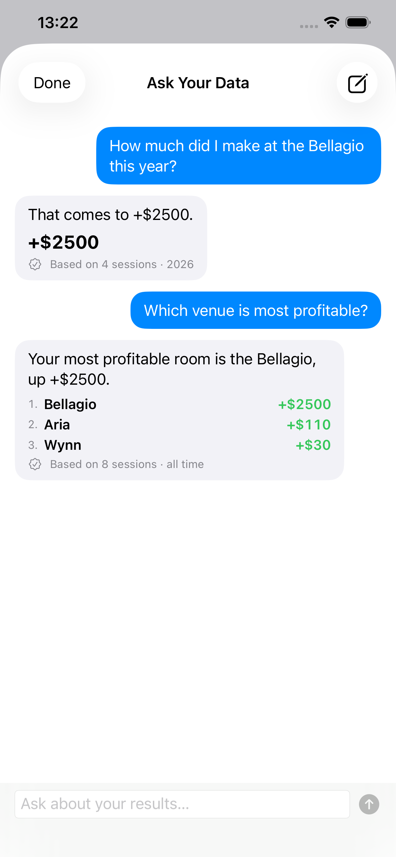 Ask Your Data ranking the most profitable venues from real session data