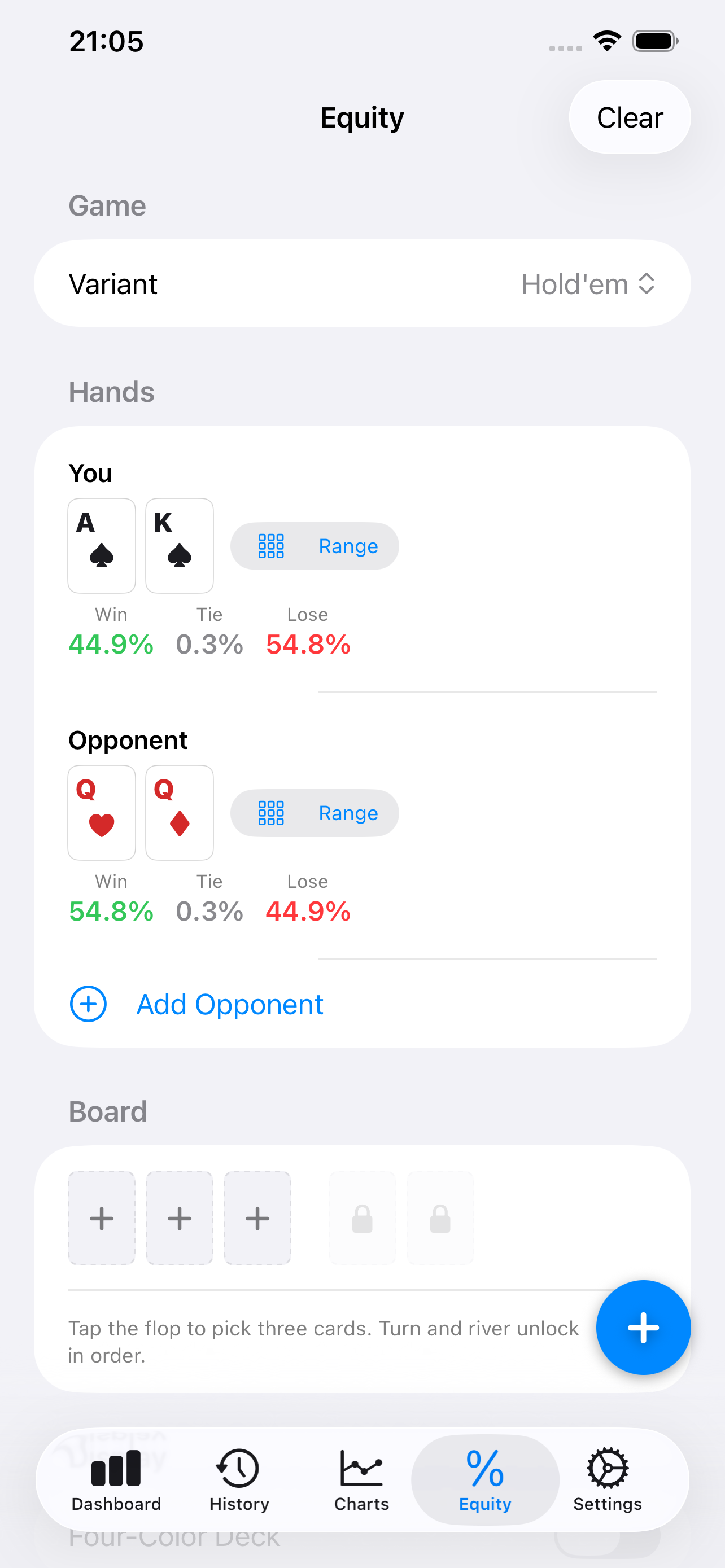 Poker equity calculator showing A-A vs K-K win, tie and lose percentages