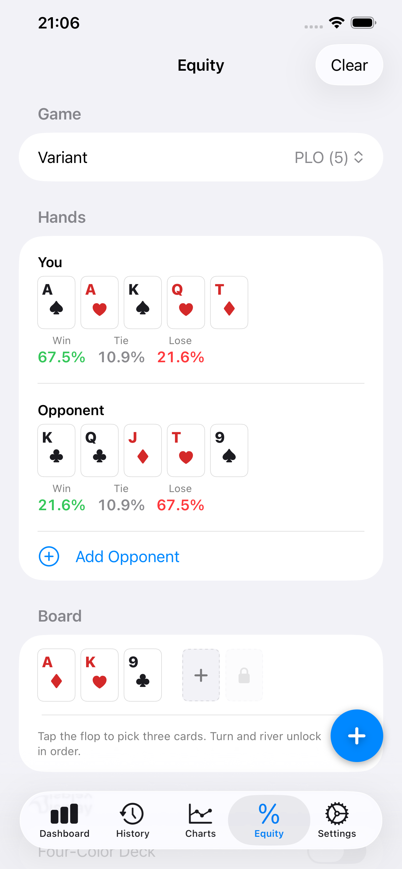 5-card Omaha hand vs hand equity computed on a flop
