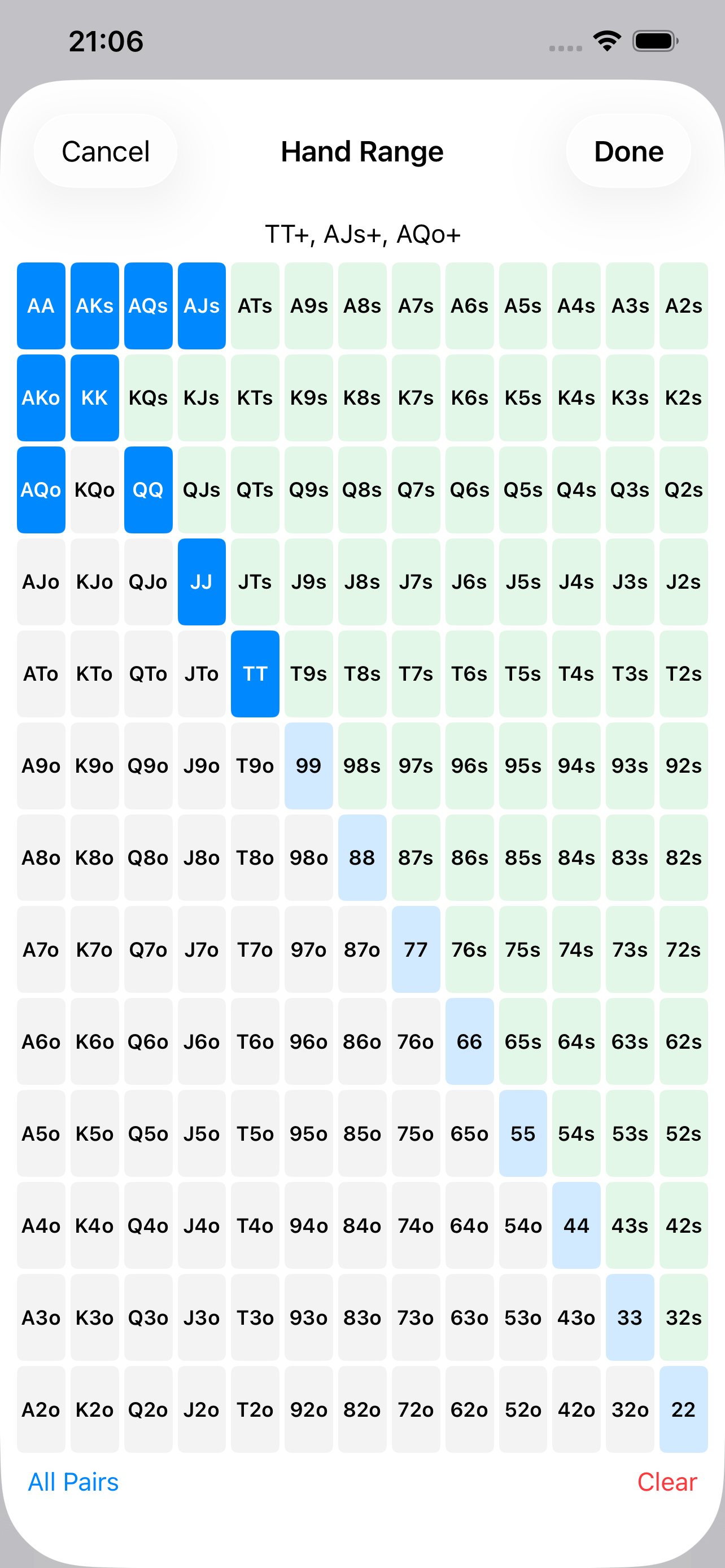 13 by 13 starting-hand range picker shown as 88+, AQs+, AJo+