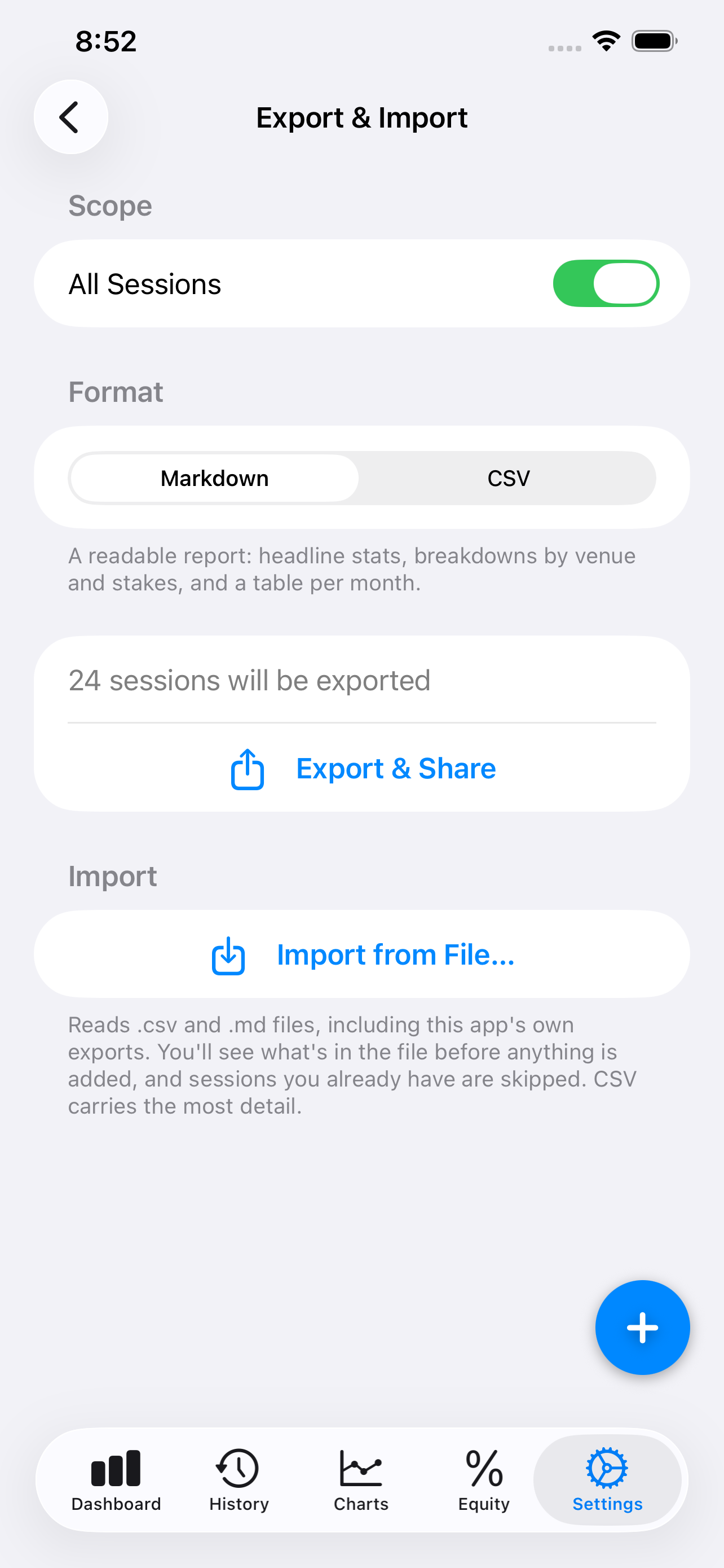 PokerTrackPro export and import screen with CSV and Markdown options