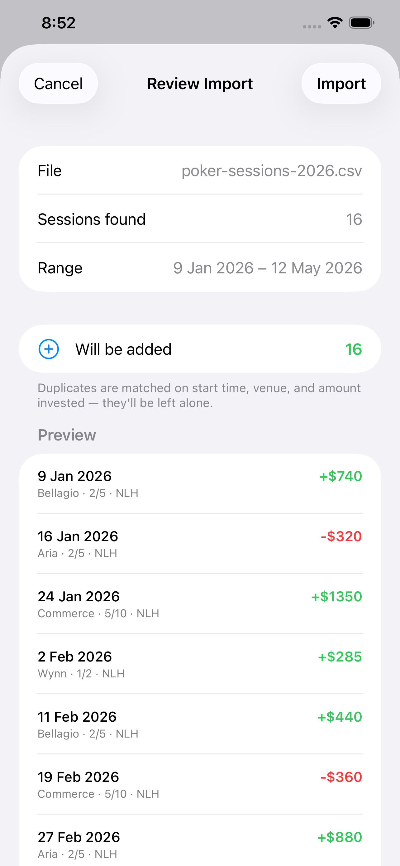 Import review showing the sessions found in a CSV before they are added
