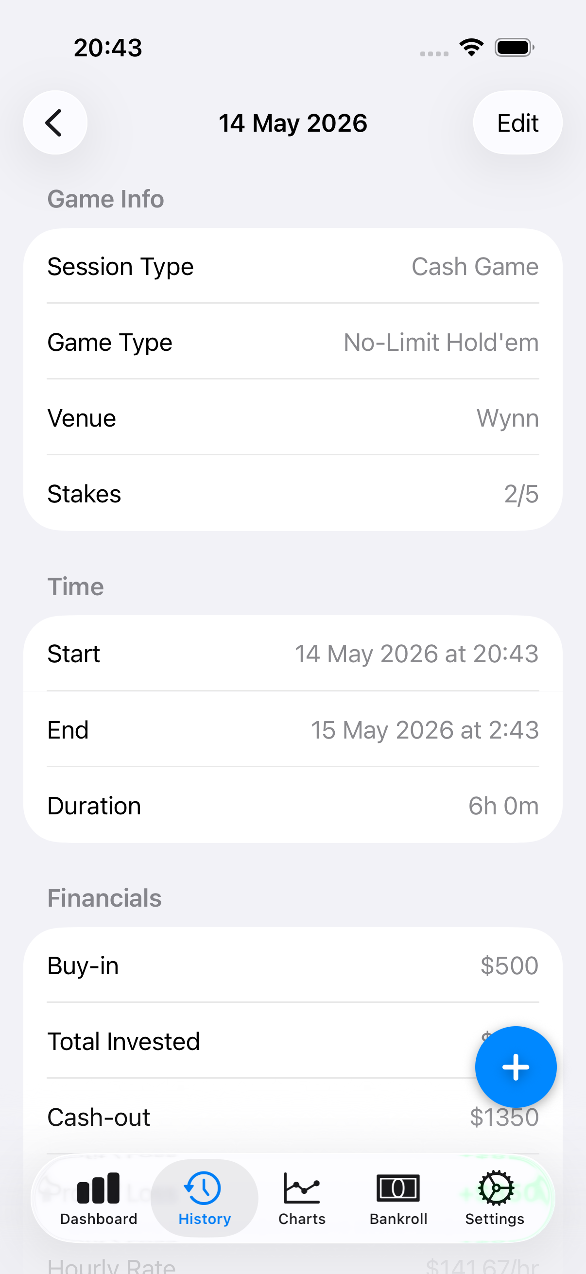 Detailed cash game session with buy-in, cash-out and duration